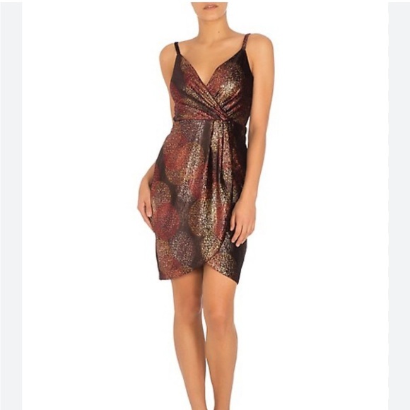 Guess Burgundy Metallic Foil Print Faux Wrap Dress w/ Tulip Hem - Size 2 - Picture 1 of 12